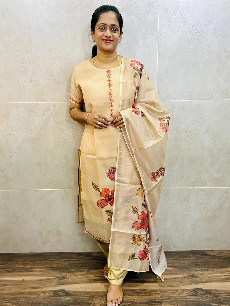 Premium soft tissue silk top (cotton lining) paired with printed soft Kota silk dupatta and silk bottom (free size)