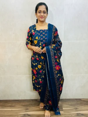 Printed Jaipur cotton top (cotton lining) paired with printed cotton dupatta and cotton bottom (Free size)