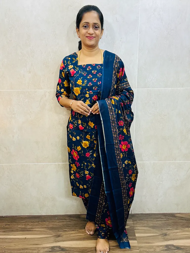 Printed Jaipur cotton top (cotton lining) paired with printed cotton dupatta and cotton bottom (Free size)