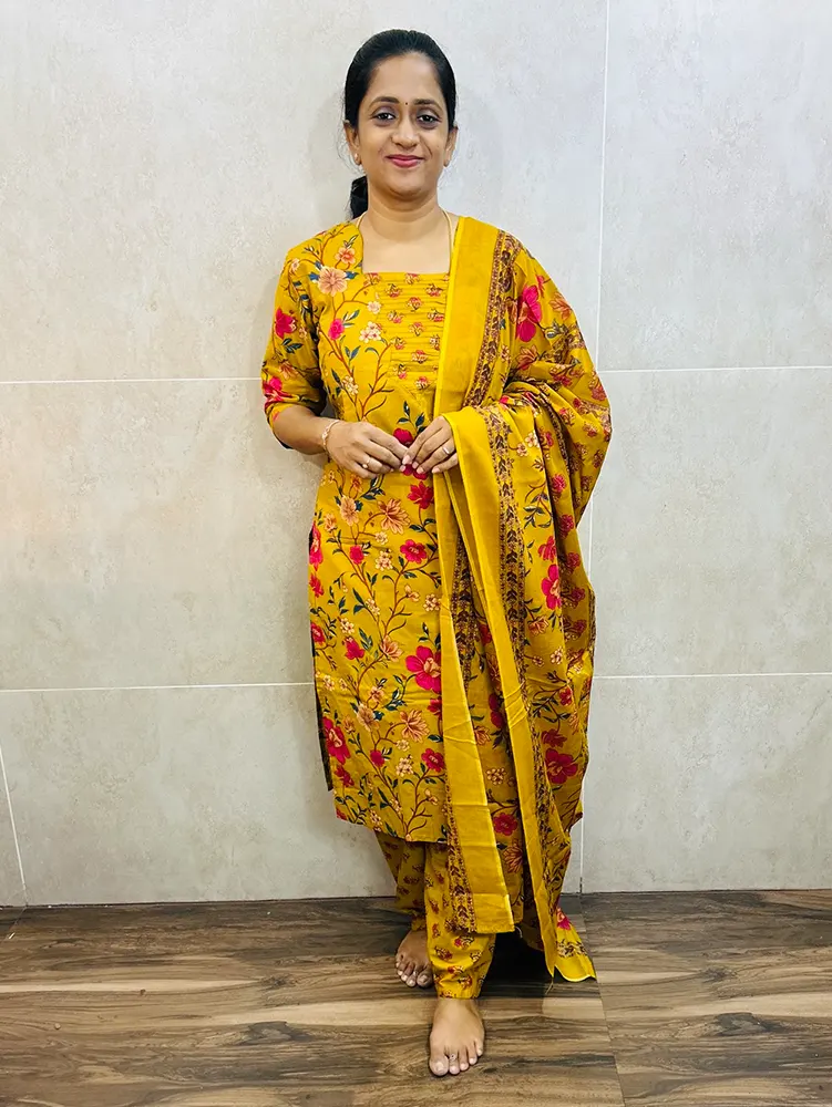 Printed Jaipur cotton top (cotton lining) paired with printed cotton dupatta and cotton bottom (Free size)