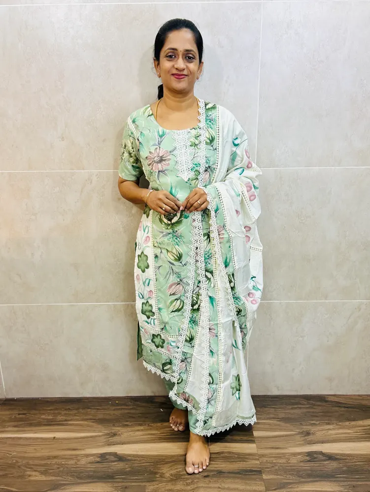 Soft cotton top(cotton lining)with allover crochet lace work paired with brushpainted soft silk dupatta and silk bottom(free size)