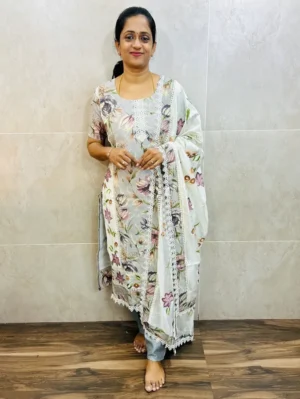 Soft cotton top(cotton lining)with allover crochet lace work paired with brushpainted soft silk dupatta and silk bottom(free size)