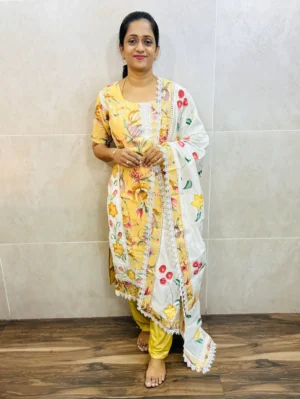 Soft cotton top(cotton lining)with allover crochet lace work paired with brushpainted soft silk dupatta and silk bottom(free size)