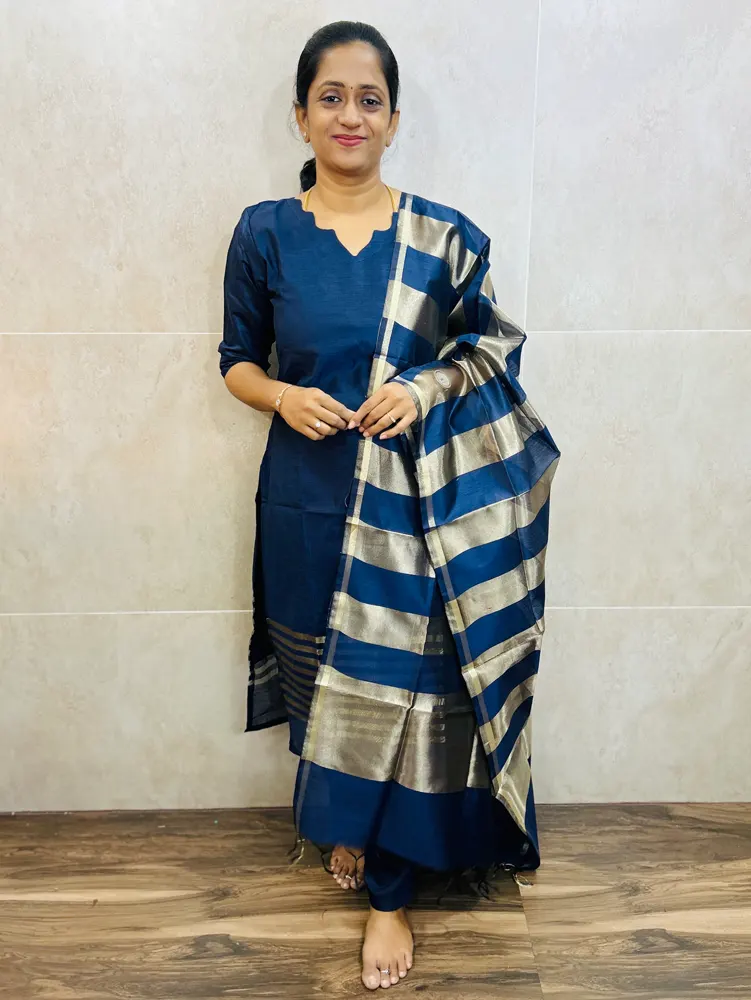 Premium silk cotton top(cotton lining) paired with silk cotton dupatta and semi raw silk bottom(free size)