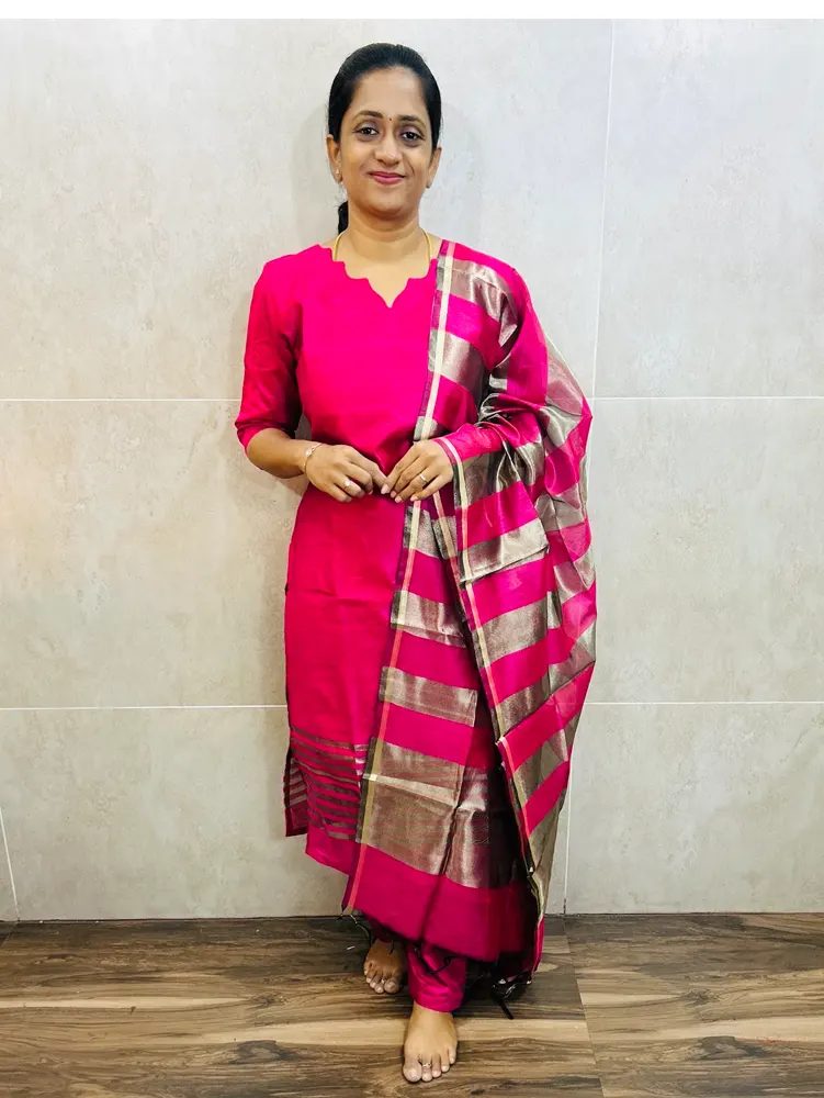 Premium silk cotton top(cotton lining) paired with silk cotton dupatta and semi raw silk bottom(free size)