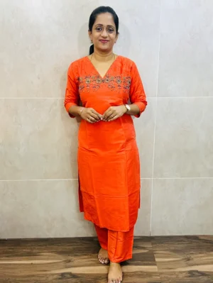 Semi raw silk top with exclusive handwork on yoke paired with semi raw silk bottom (semi palazzo)