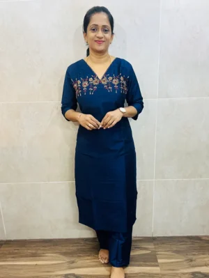 Semi raw silk top with exclusive handwork on yoke paired with semi raw silk bottom (semi palazzo)