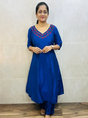 Semi raw silk top (cotton lining) with exclusive handworked yoke paired with semi raw silk bottom (semi palazzo)