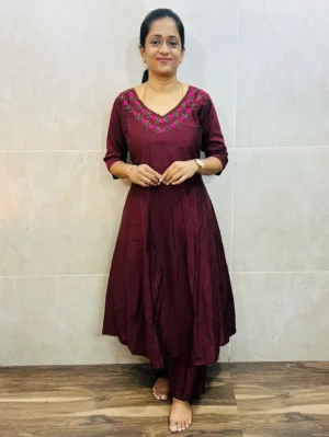 Semi raw silk top (cotton lining) with exclusive handworked yoke paired with semi raw silk bottom (semi palazzo)