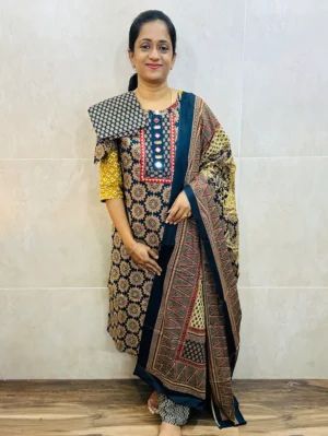 Patteren 1 - Blue - Ajrakh cotton top (cotton lining) with jaipuri handwork in yoke paired with cotton dupatta and cotton bottom (free size)