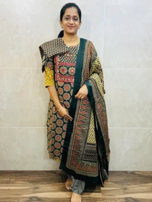 Patteren 2 - Green - Ajrakh cotton top (cotton lining) with jaipuri handwork in yoke paired with cotton dupatta and cotton bottom (free size)