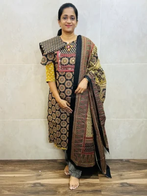 Patteren 2 - Black - Ajrakh cotton top (cotton lining) with jaipuri handwork in yoke paired with cotton dupatta and cotton bottom (free size)