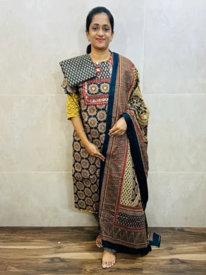 Patteren 2 - Blue - Ajrakh cotton top (cotton lining) with jaipuri handwork in yoke paired with cotton dupatta and cotton bottom (free size)