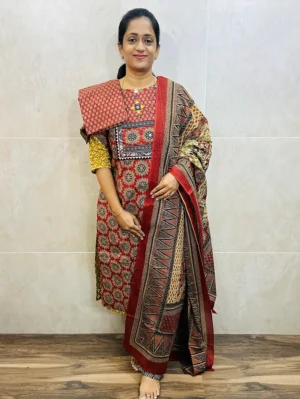 Patteren 2 - Red - Ajrakh cotton top (cotton lining) with jaipuri handwork in yoke paired with cotton dupatta and cotton bottom (free size)
