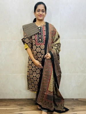 Patteren 1 - Black - Ajrakh cotton top (cotton lining) with jaipuri handwork in yoke paired with cotton dupatta and cotton bottom (free size)