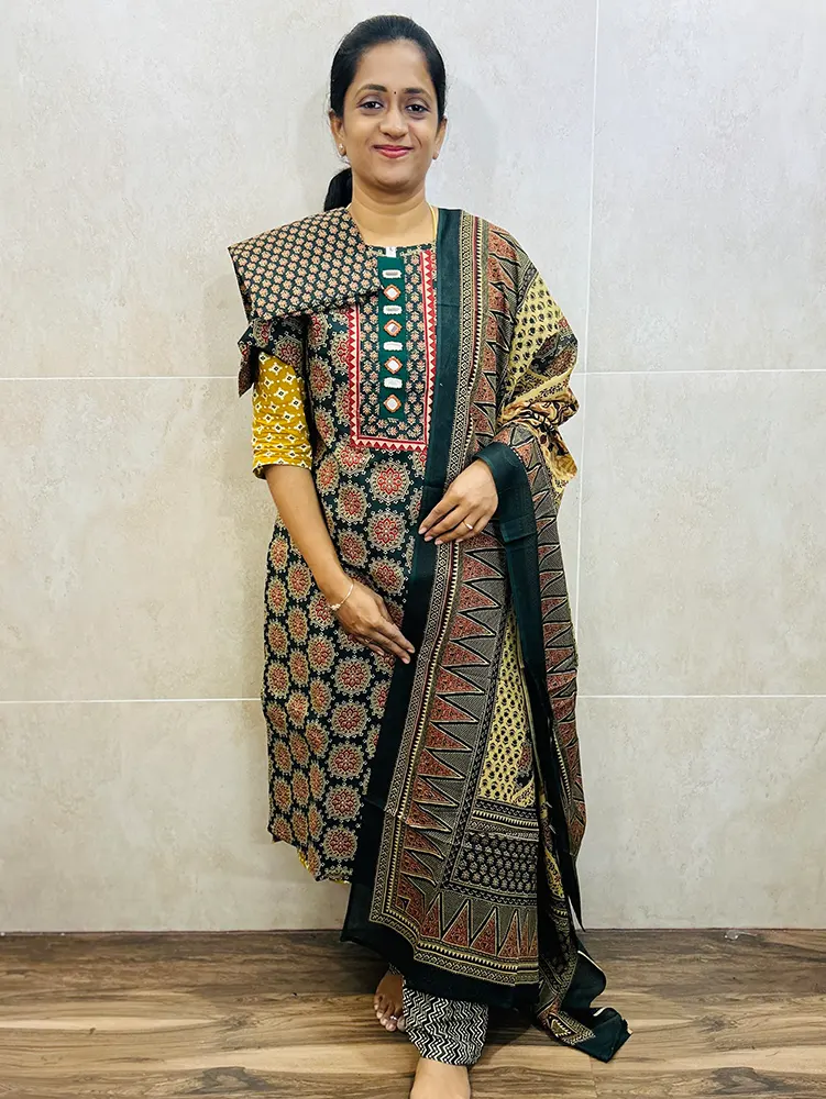 Patteren 1 - Green - Ajrakh cotton top (cotton lining) with jaipuri handwork in yoke paired with cotton dupatta and cotton bottom (free size)