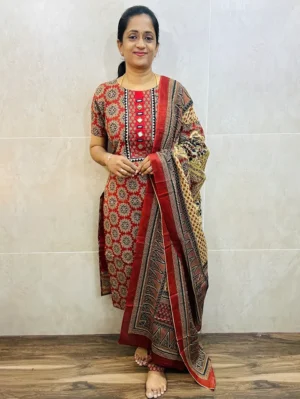 Patteren 1 - Red - Ajrakh cotton top (cotton lining) with jaipuri handwork in yoke paired with cotton dupatta and cotton bottom (free size)