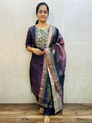 Premium soft tissue silk top (cotton lining) paired with printed soft tissue silk dupatta and silk bottom (free size)