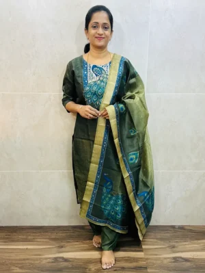 Premium soft tissue silk top (cotton lining) paired with printed soft tissue silk dupatta and silk bottom (free size)