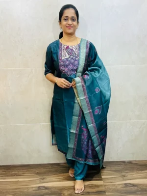 Premium soft tissue silk top (cotton lining) paired with printed soft tissue silk dupatta and silk bottom (free size)