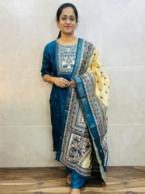 Premium semi Tussar top (cotton lining) paired with semi Tussar dupatta and Santoon bottom (free size)