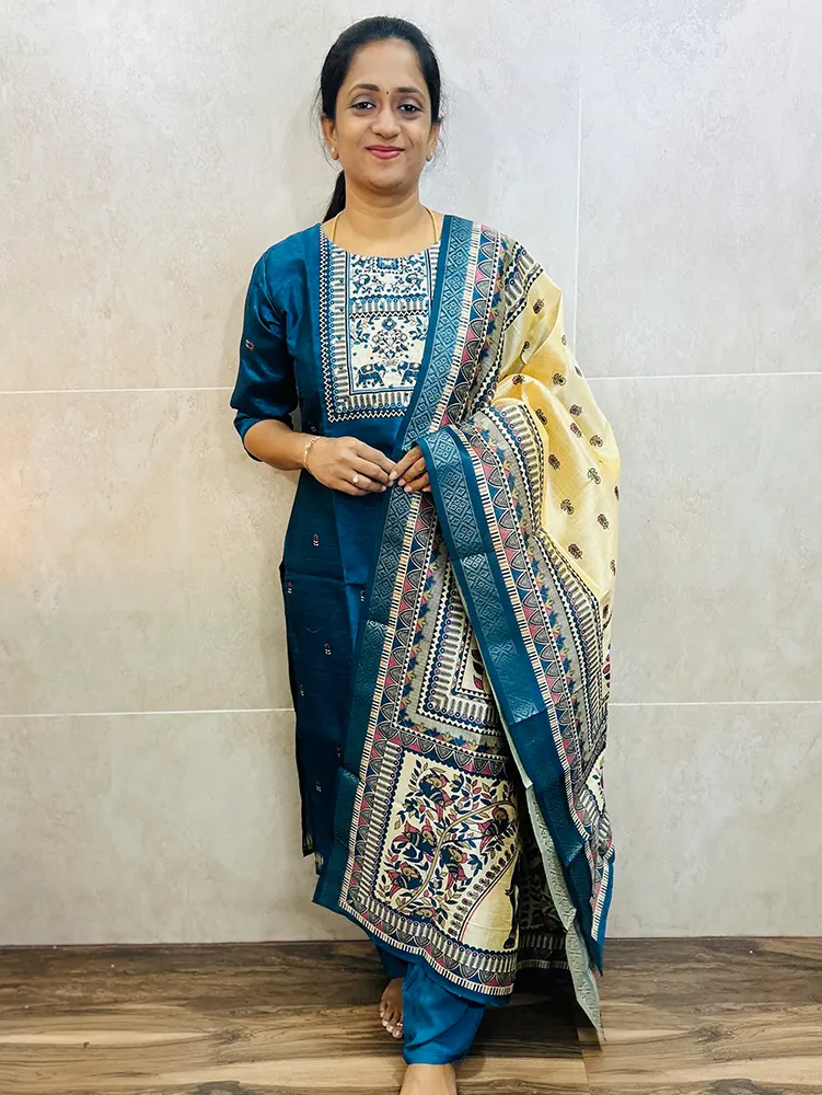 Premium semi Tussar top (cotton lining) paired with semi Tussar dupatta and Santoon bottom (free size)