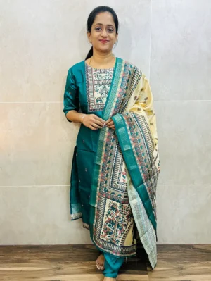 Premium semi Tussar top (cotton lining) paired with semi Tussar dupatta and Santoon bottom (free size)