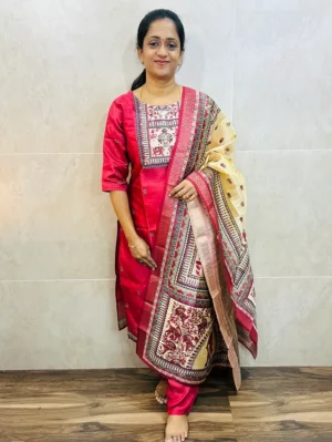 Premium semi Tussar top (cotton lining) paired with semi Tussar dupatta and Santoon bottom (free size)