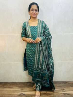 Printed Jaipur cotton top (cotton lining) paired with printed cotton dupatta and cotton bottom (Free size)