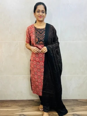 Ajrakh dyed cotton top (cotton lining) paired with cotton dupatta and cotton bottom (free size)
