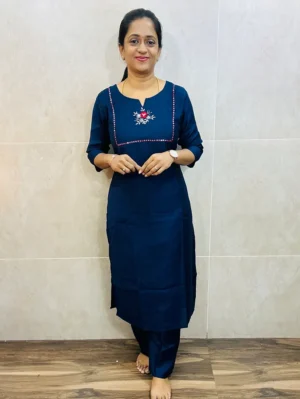 Premium soft silk cotton top (crepe lining) with exclusive hand worked yoke paired with silk cotton bottom (semi palazzo)