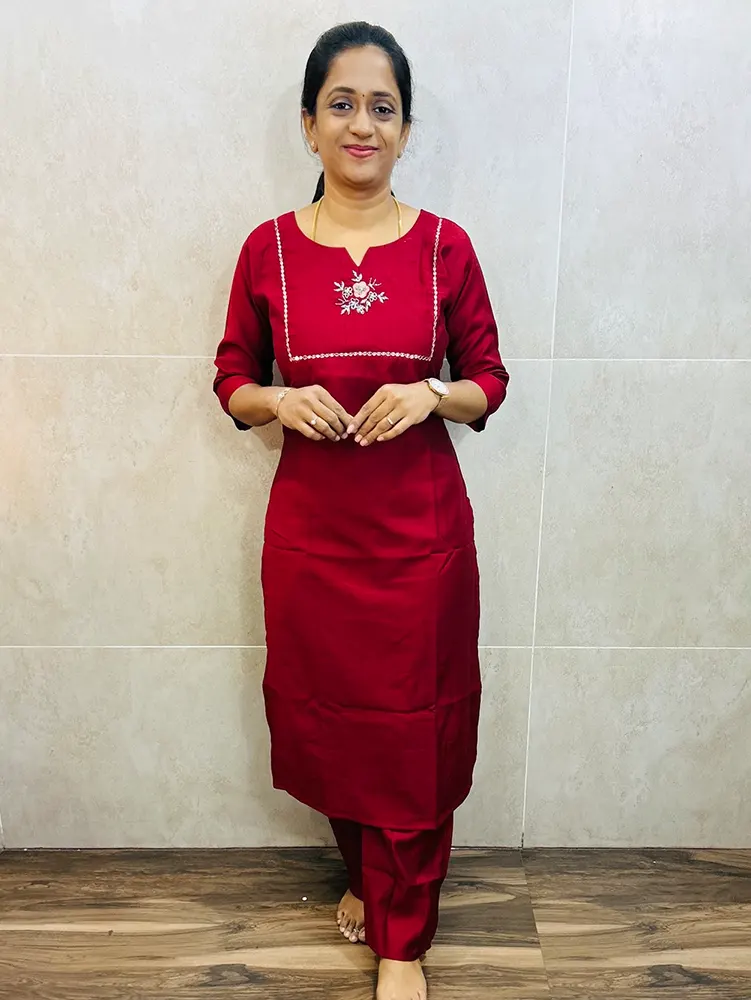 Premium soft silk cotton top (crepe lining) with exclusive hand worked yoke paired with silk cotton bottom (semi palazzo)