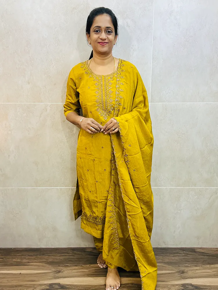 Soft crush silk top (cotton lining) with all over embroidery paired with soft silk dupatta and silk bottom (free size)