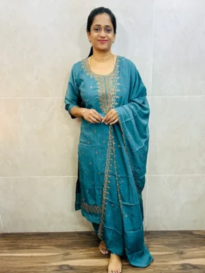 Soft crush silk top (cotton lining) with all over embroidery paired with soft silk dupatta and silk bottom (free size)