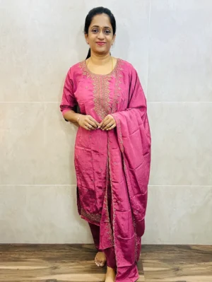 Soft crush silk top (cotton lining) with all over embroidery paired with soft silk dupatta and silk bottom (free size)