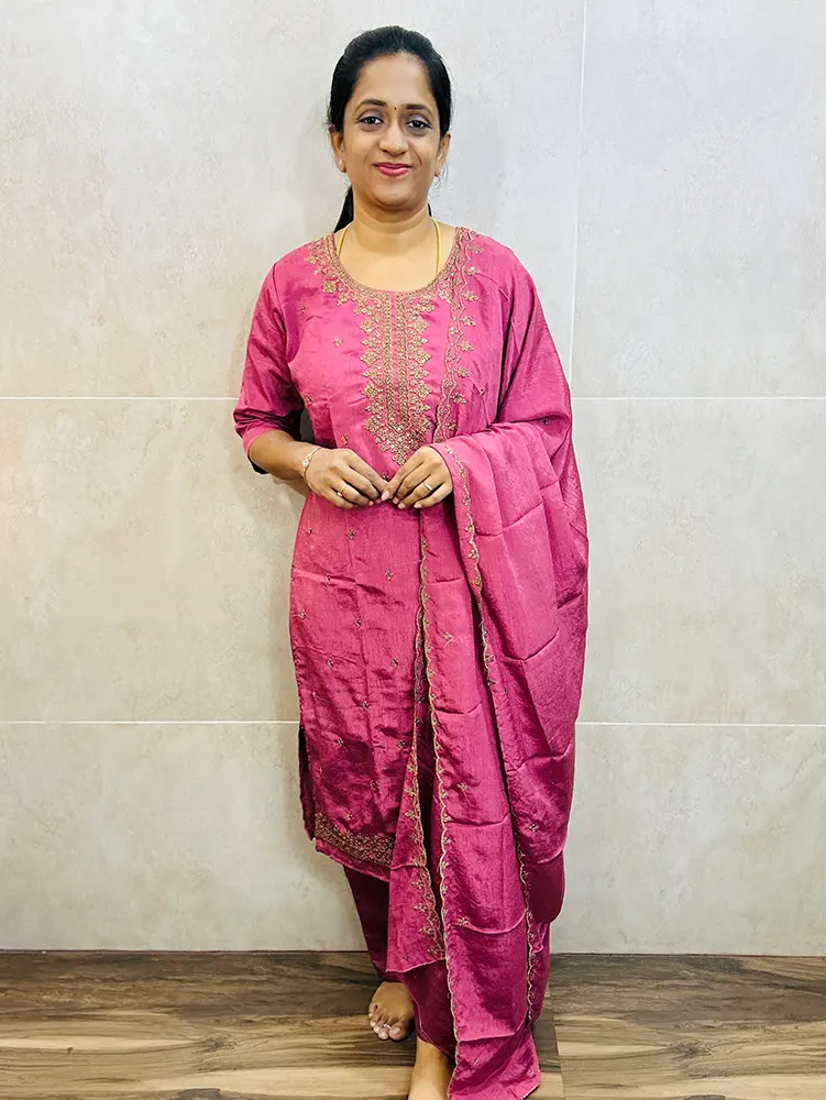 Soft crush silk top (cotton lining) with all over embroidery paired with soft silk dupatta and silk bottom (free size)