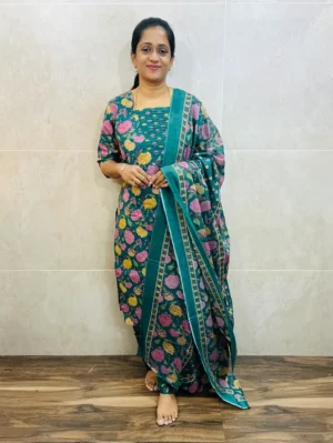 Printed Jaipur cotton top (cotton lining) paired with printed cotton dupatta and cotton bottom (Free size)