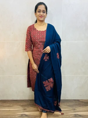 Original Ajrakh dyed cotton top (cotton lining) paired with patch worked cotton dupatta and cotton bottom (free size)