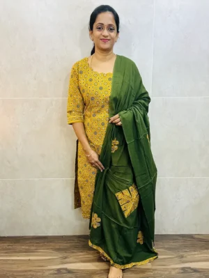 Original Ajrakh dyed cotton top (cotton lining) paired with patch worked cotton dupatta and cotton bottom (free size)