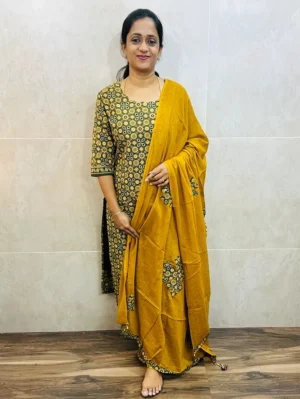 Original Ajrakh dyed cotton top (cotton lining) paired with patch worked cotton dupatta and cotton bottom (free size)