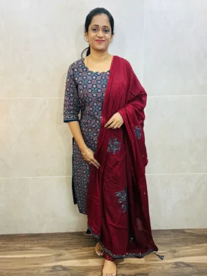 Original Ajrakh dyed cotton top (cotton lining) paired with patch worked cotton dupatta and cotton bottom (free size)