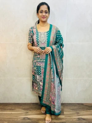 Printed muslin silk top(cotton lining) with allover embroidery paired with muslin silk dupatta and santoon bottom(free size)