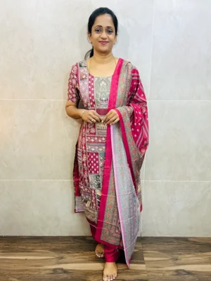 Printed muslin silk top(cotton lining) with allover embroidery paired with muslin silk dupatta and santoon bottom(free size)