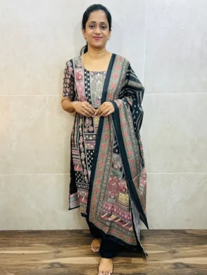 Printed muslin silk top(cotton lining) with allover embroidery paired with muslin silk dupatta and santoon bottom(free size)