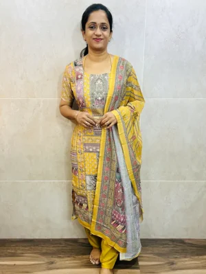 Printed muslin silk top(cotton lining) with allover embroidery paired with muslin silk dupatta and santoon bottom(free size)