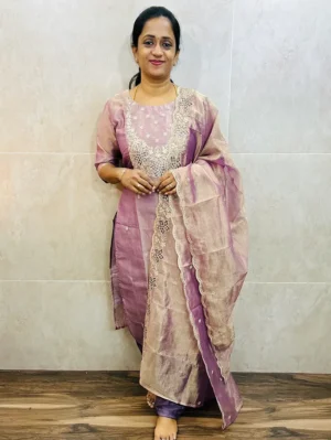 Premium soft tissue silk top (cotton lining) with exclusive cut work on yoke paired with soft tissue silk dupatta and silk bottom (free size)