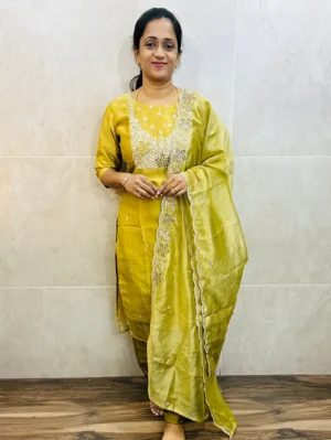 Premium soft tissue silk top (cotton lining) with exclusive cut work on yoke paired with soft tissue silk dupatta and silk bottom (free size)