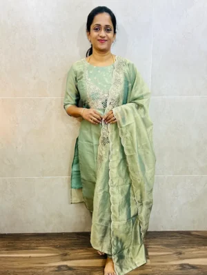 Premium soft tissue silk top (cotton lining) with exclusive cut work on yoke paired with soft tissue silk dupatta and silk bottom (free size)