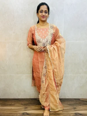 Premium soft tissue silk top (cotton lining) with exclusive cut work on yoke paired with soft tissue silk dupatta and silk bottom (free size)