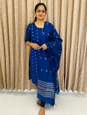 Royal Blue - Semi raw silk top (cotton lining) with all over zari woven buttas paired with zari woven semi raw silk dupatta